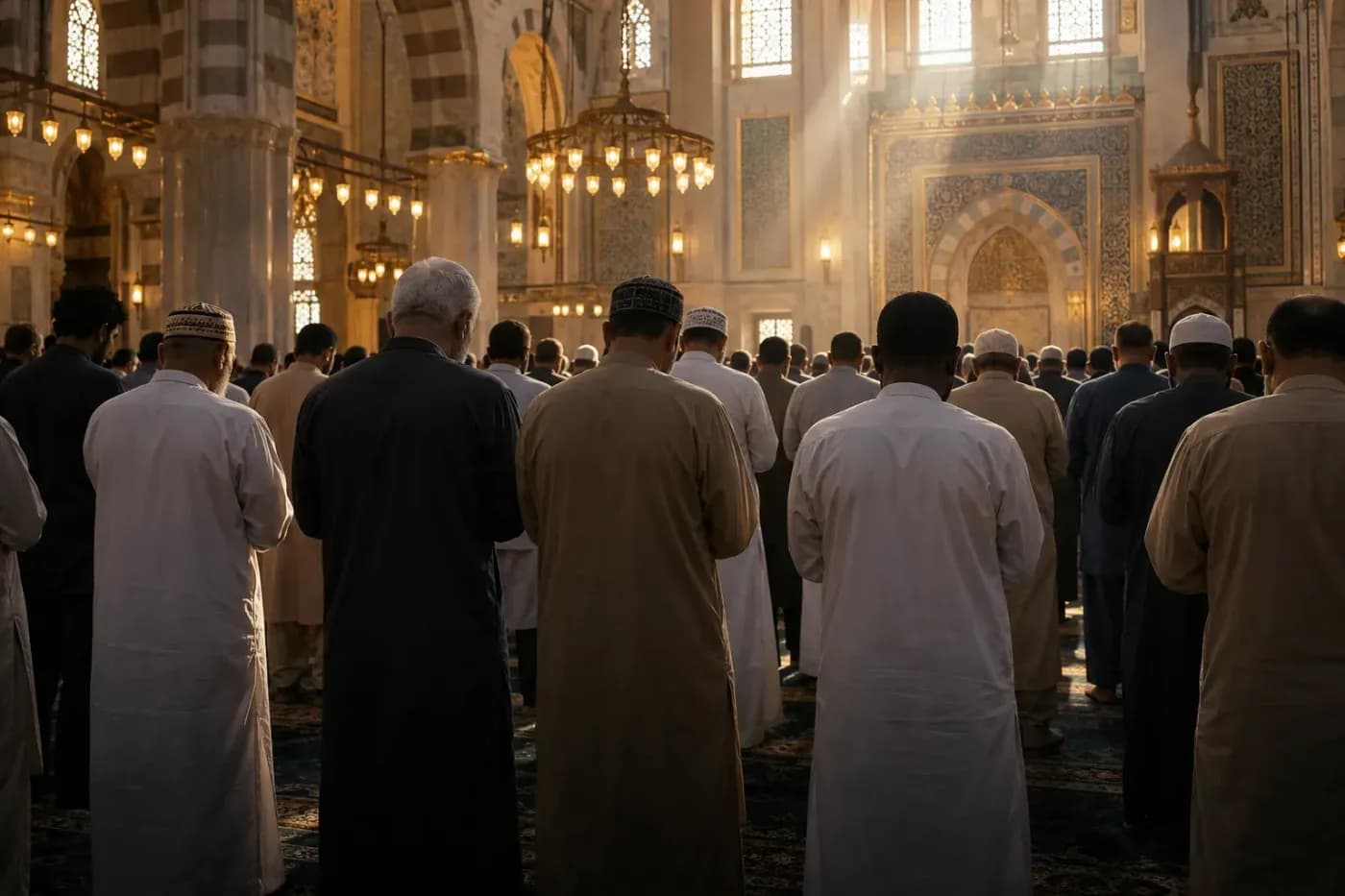 Worshippers standing in rows inside a mosque